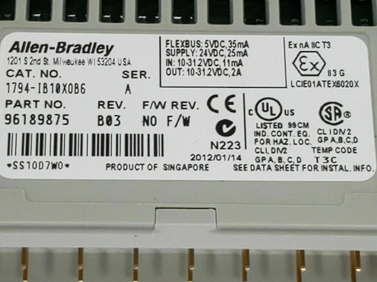 Used ALLEN BRADLEY 1794-IB10XOB6 FLEX I/O SER. A REV. B03 W/ 1794-TB3 SER. A REV. A01