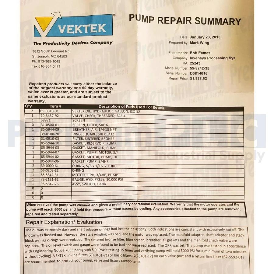 Refurbished VEKTEK VektorFlo 55-9242-35 2-STAGE WORKHOLDING ELEC./HYDRAULIC DECOUPLER PUMP