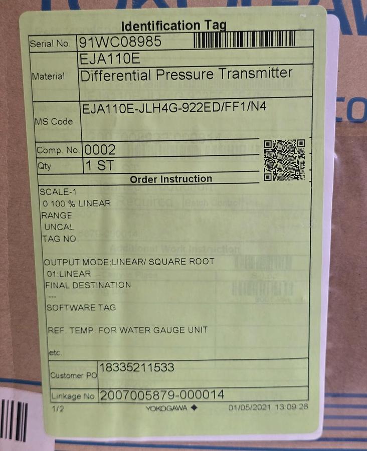 Used YOKOGAWA EJA110E S2 DIFFERENTIAL PRESSURE TRANSMITTER EJA110E-JLH4G-922ED/FF1/N4