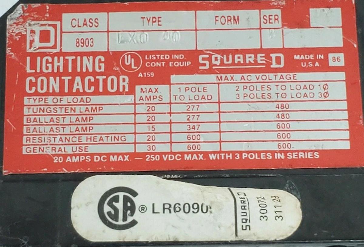 Used SQUARE D 8903-LXO-40 LIGHTING CONTACTOR ASSEMBLY SER. B, 8903LXO40