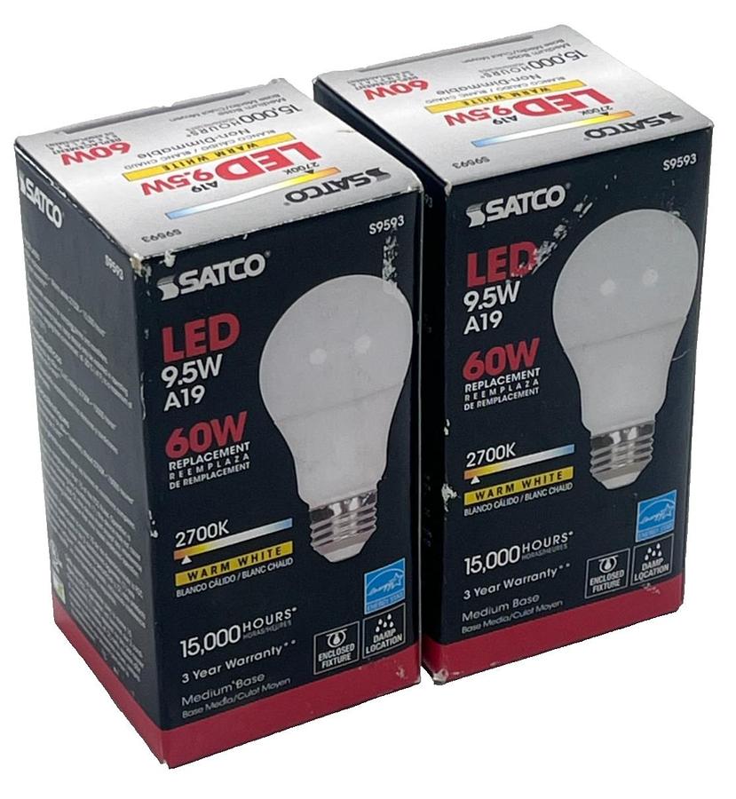 Used (2) SATCO 9.5W A19 LED Bulbs S9593 60W Replacement 2700K Warm White Non-Dimmable