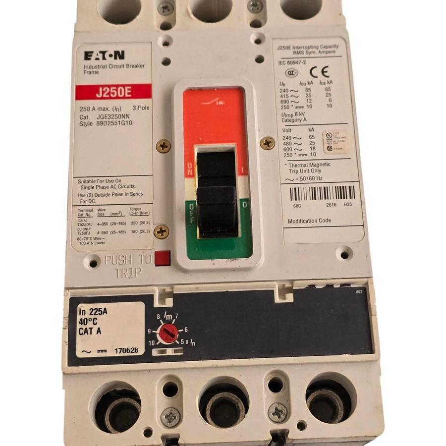 Eaton JGE3250NN | J250E Circuit Breaker 250A 3P 600V 69D2551G10 w/225A Trip NSNP 782116008612