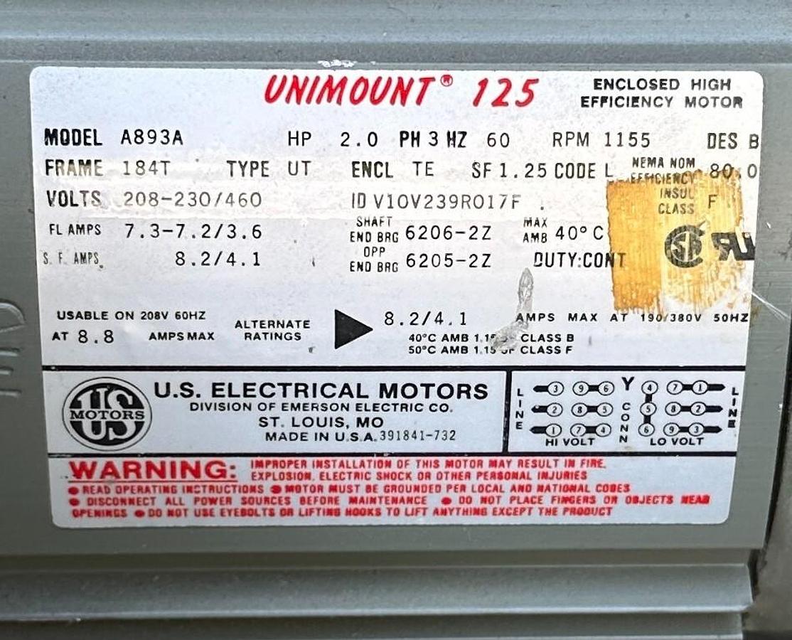Used NEW US MOTORS A893A UNIMOUNT 125 MOTOR 2HP 3-PH W/ 105633109001 SHUR STOP BRAKE