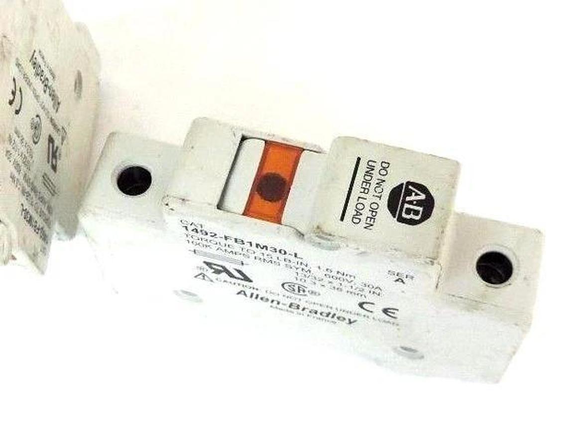 Used LOT OF 2 ALLEN BRADLEY 1492-FB1M30-L FUSE HOLDERS W/ FNM FUSES 1492FB1M30L