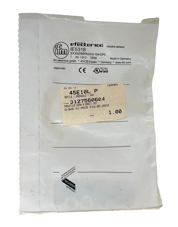 Used NEW IFM IEK3002BBPKG/US-104-DPS / IE5318 EFECTOR INDUCTIVE SENSOR 10-36V NSFS