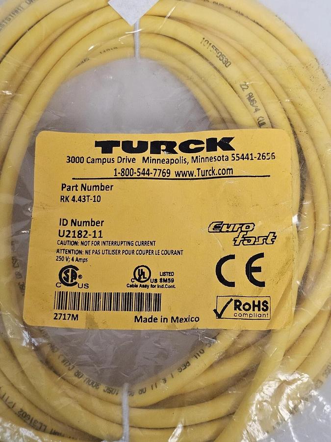 Used NEW TURCK RK 4.43T-10 CORDSET ID NO. U2182-11 STRAIGHT FEMALE CONNECTOR