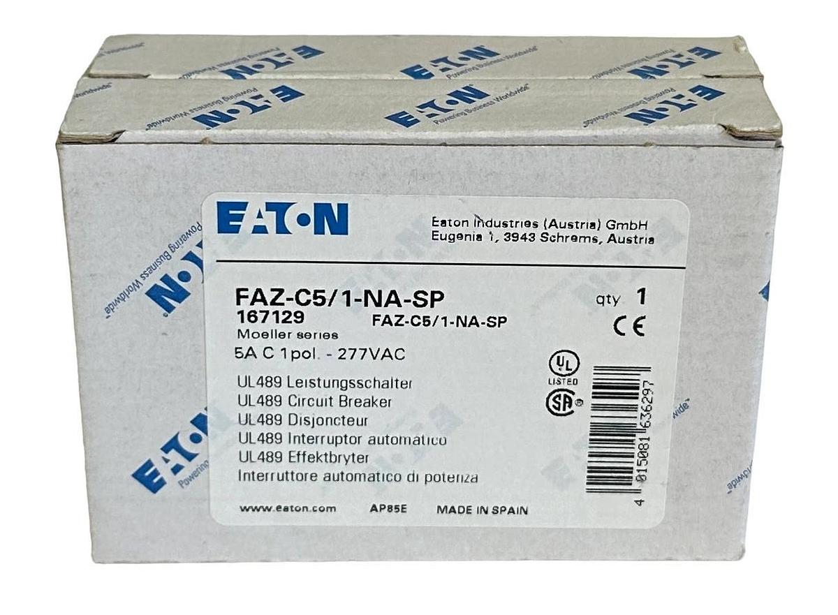 2 NEW EATON FAZ-C5/1-NA-SP / 167129 MOELLER SERIES 5A CIRCUIT BREAKER 1P 277VAC