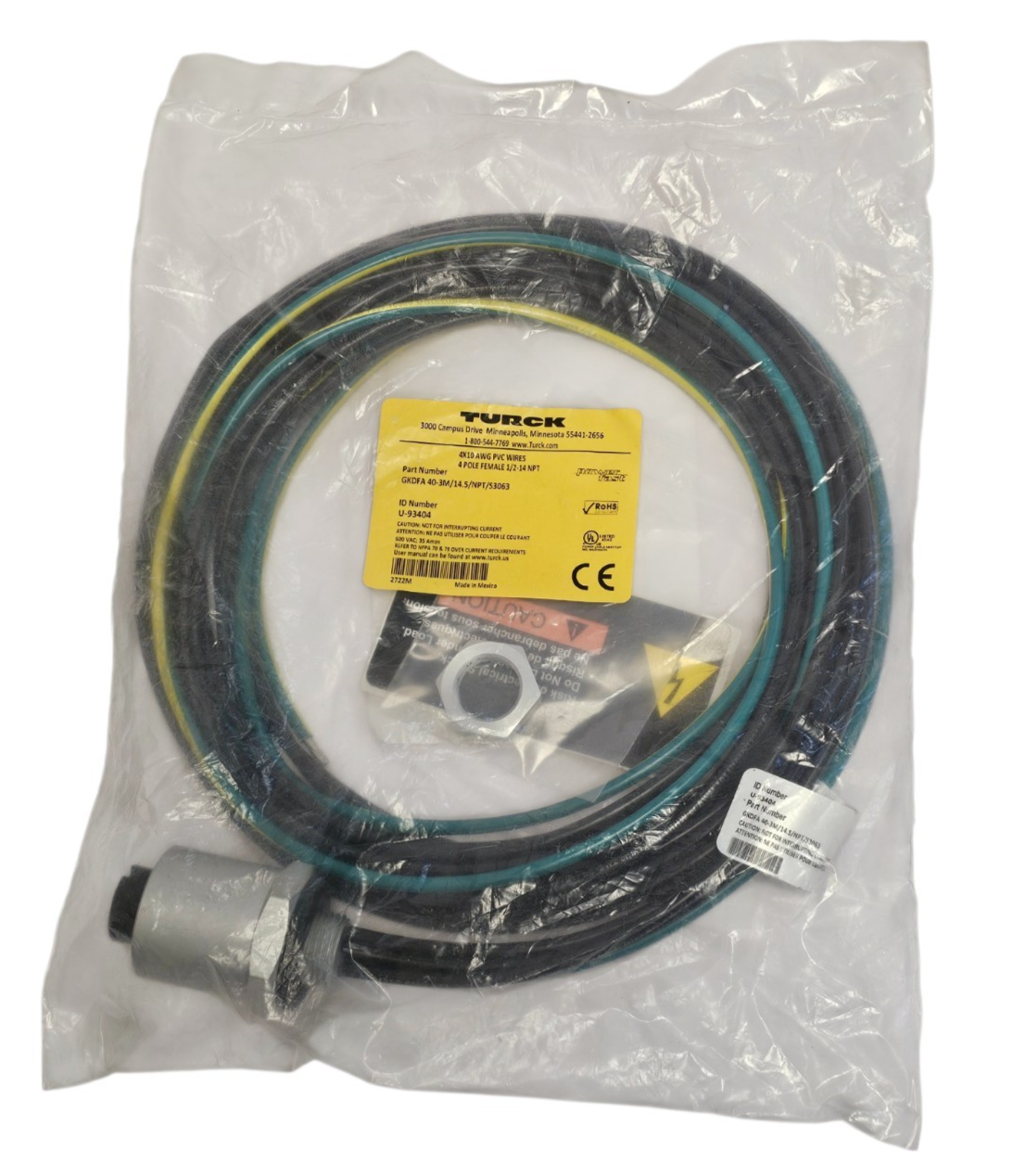 NEW TURCK GKDFA 40-3M/14.5/NPT/S3063 RECEPTACLE ID NUMBER: U-93404