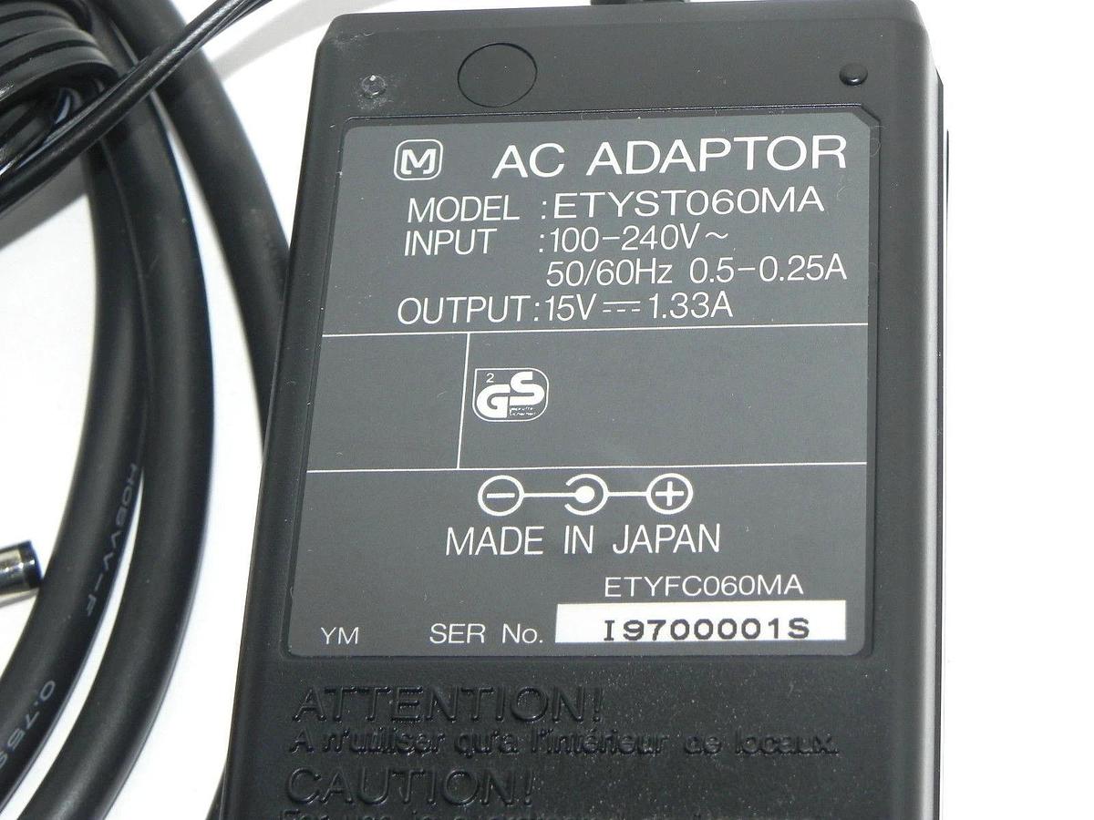 Used ZEROS ETYST060MA AC ADAPTOR INPUT: 100-240V~50/60HZ 0.5-0.25A OUTPUT: 15V 1.33A