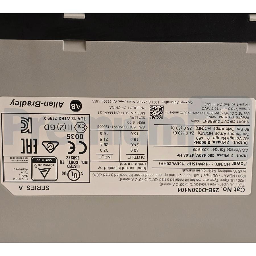 Used Surplus Allen Bradley 25B-D030N104 /A PowerFlex 525 AC Drive 3Ph 480V 20HP