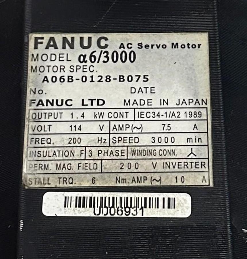 Used FANUC A06B-0128-B075 / A06B0128B075 AC SERVO MOTOR a6/3000 1.4kW 114V REPAIRED