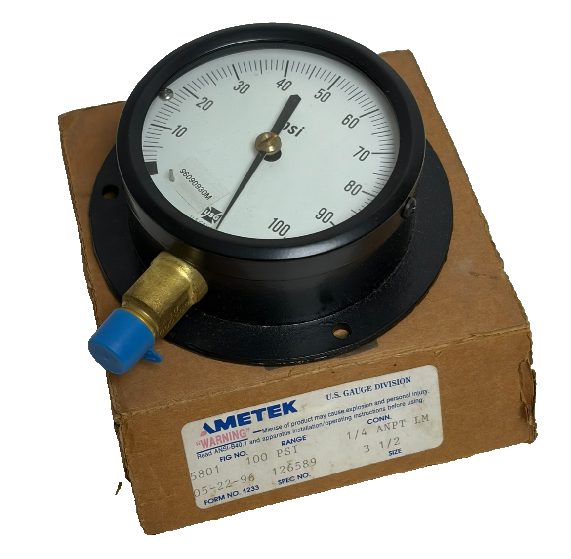 Used Ametek USG 5801 Pressure Gauge 0-100 PSI 3-1/2 Face 1/4 ANPT LM Flanged - New