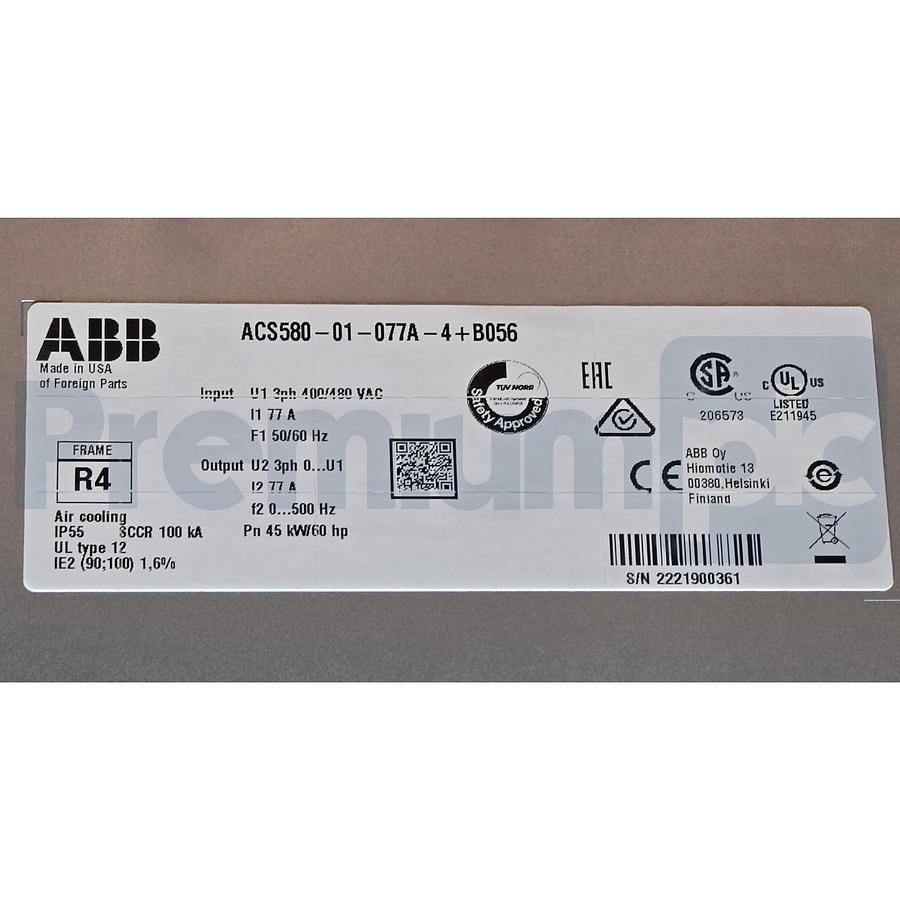 Used ABB ACS580-01-077A-4+B056 LV AC DRIVE 3AUA0000219775 480V, 50/60HP, 77A NSNP