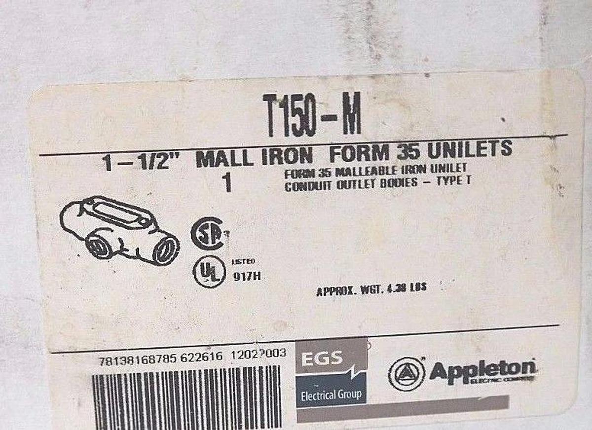 Used LOT OF 2 NIB APPLETON T150-M 1-1/2" FORM 35 UNILETS TYPE T CONDUIT BODIES