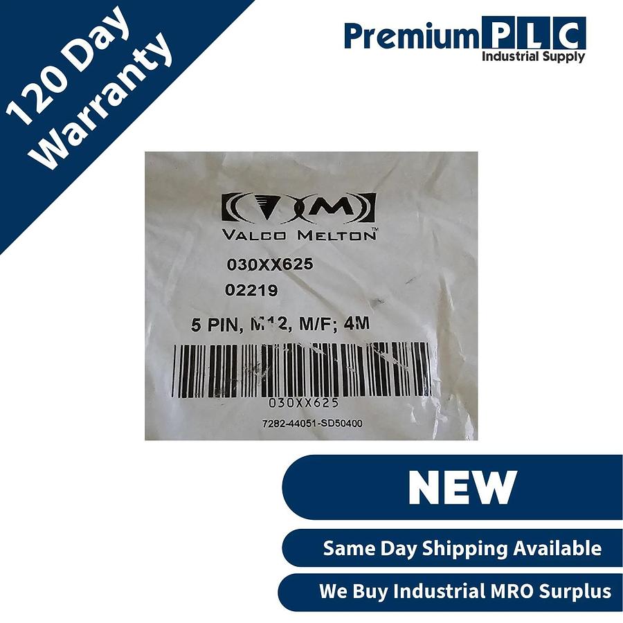 Used NEW VALCO MELTON / VALCO CINCINATI 030XX625 5-PIN, M12, M/F; 4M CONNECTOR CABLE