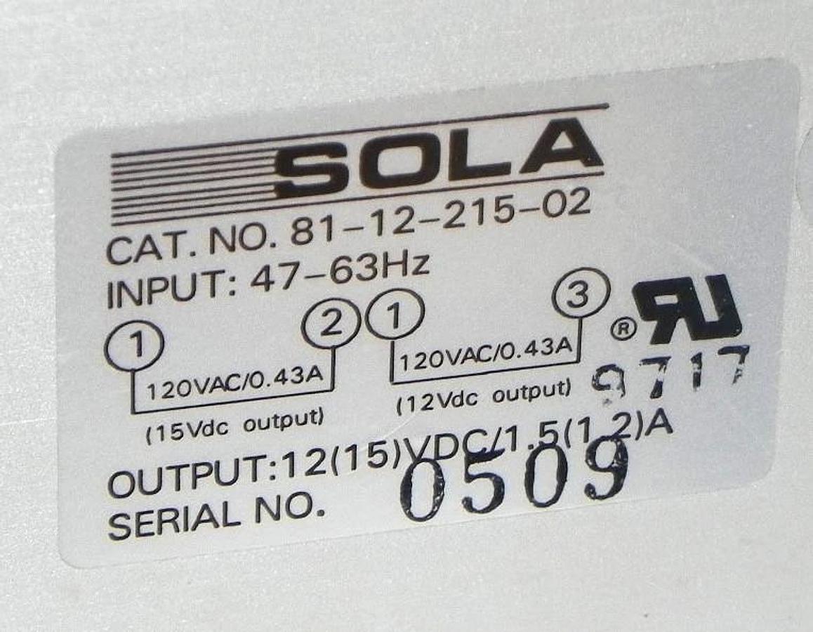 Used SOLA 81-12-215-02 POWER SUPPLY 811221502 INPUT: 47-63HZ W/ F6-11201-O/A PC BOARD