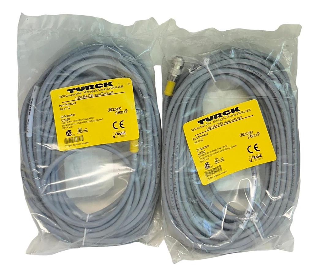 Used 2 TURCK RK 4T-10 / U2160 EURO FAST CONNECTOR CABLES 10M 4POS NSFS