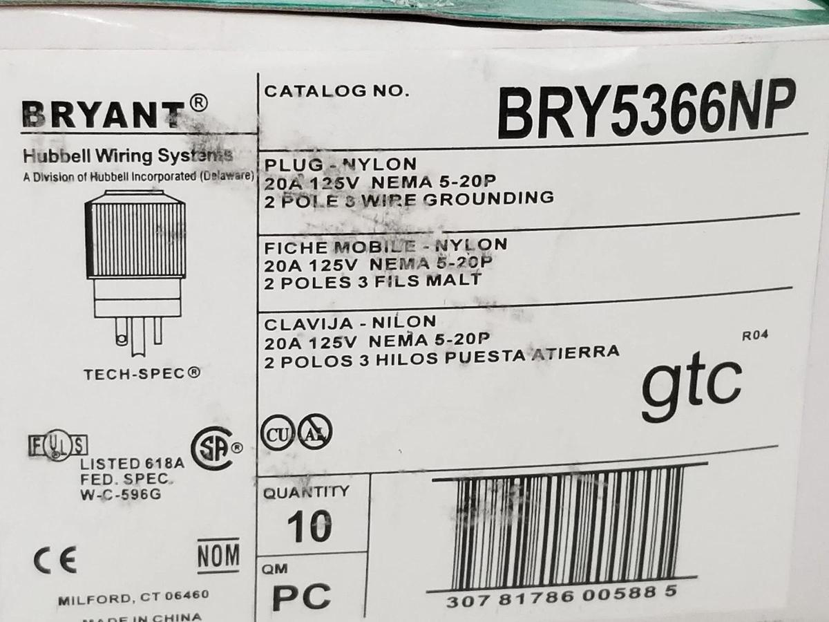 Used BOX OF 10 NEW BRYANT BRY5366NP NYLON PLUGS 20A, 125V NEMA 5-20P, 2P, 3W, GRD