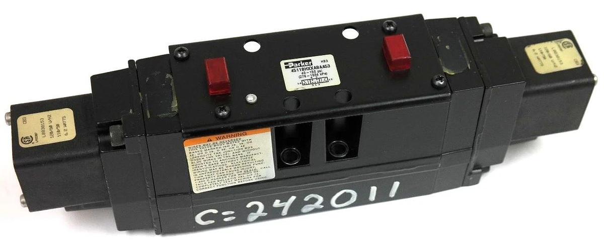 Used PARKER 4511BHXXABAA53 VALVE 40-150 PSI W/ L0030153 COILS 6.2 WATTS