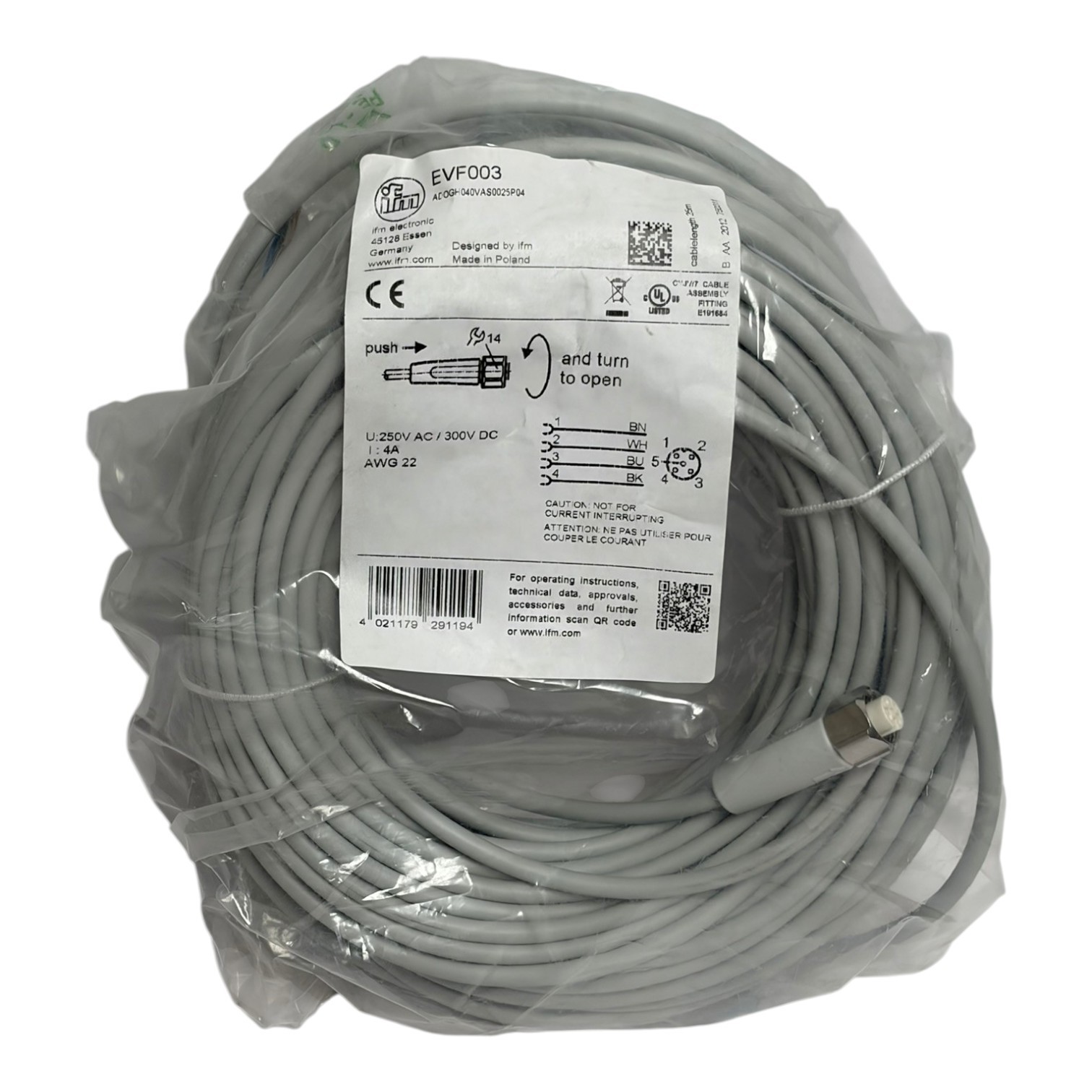 ifm electronic EVF003 M12 Female 4-Pin 25m Industrial Sensor Cable New