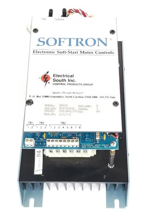 Used SOFTRON SN1CH SOFT START MOTOR CONTROL 9A, 3PH, 60HZ, 230/460/575V, 2/5/7.5HP