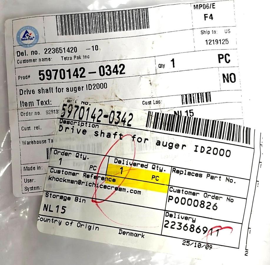 Tetra Pak ID2000 Drive Shaft for Auger 5970142-0342 Stainless Steel New Surplus