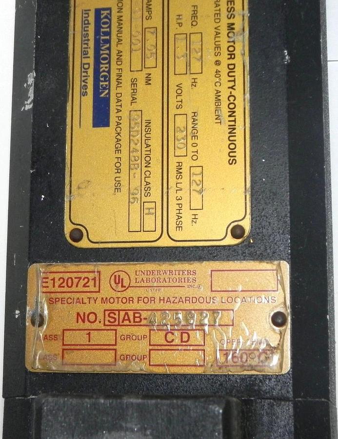 Used KOLLMORGEN EB-202-B-91-001 BRUSHLESS MOTOR NO. SAB-425827 H.P. 1.3