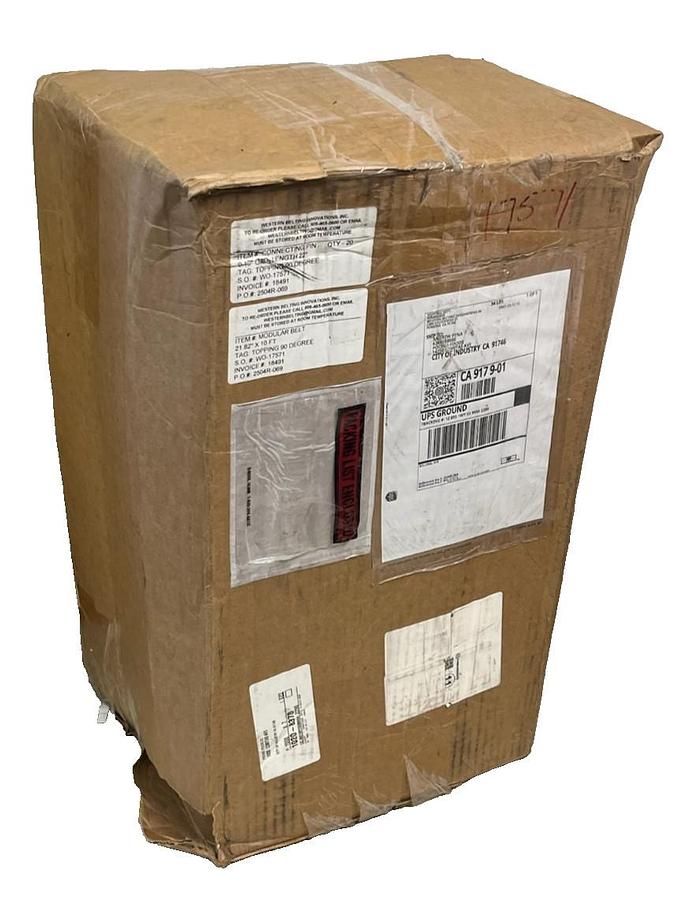 Used Western Belting Innovations Modular Belt 21.82" W x 10ft L | 90° Topping, NSMP