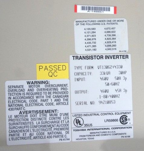 Used TOSHIBA VT130G2-4330 TOSVERT-130G2+ TRANSISTOR INVERTER 30HP 45A PROF. REPAIRED