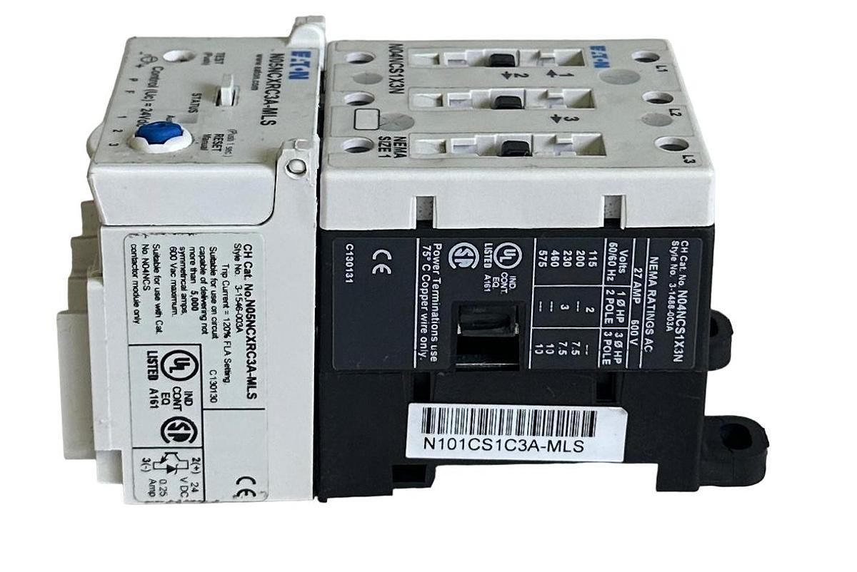 Used NEW EATON N101CS1C3A-MLS / 3-1584-003A NEMA FVNR SIZE 1 STARTER 27A 24VDC 3-POLE