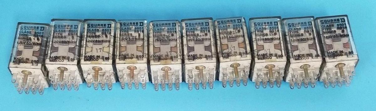 Used LOT OF 10 SQUARE D 8501-RS14 RELAYS SER. B, 120V, 50/60HZ