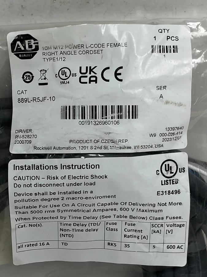 Used New Sealed Allen-Bradley 889L-R5JF-10 M12 Power L-Code Cordset 10m 16A