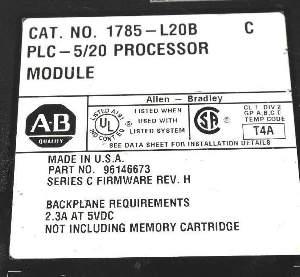 Used ALLEN BRADLEY 1785-L20B/C PLC-5/20 PROCESSOR MODULE F/W: REV. H 1785-L20B