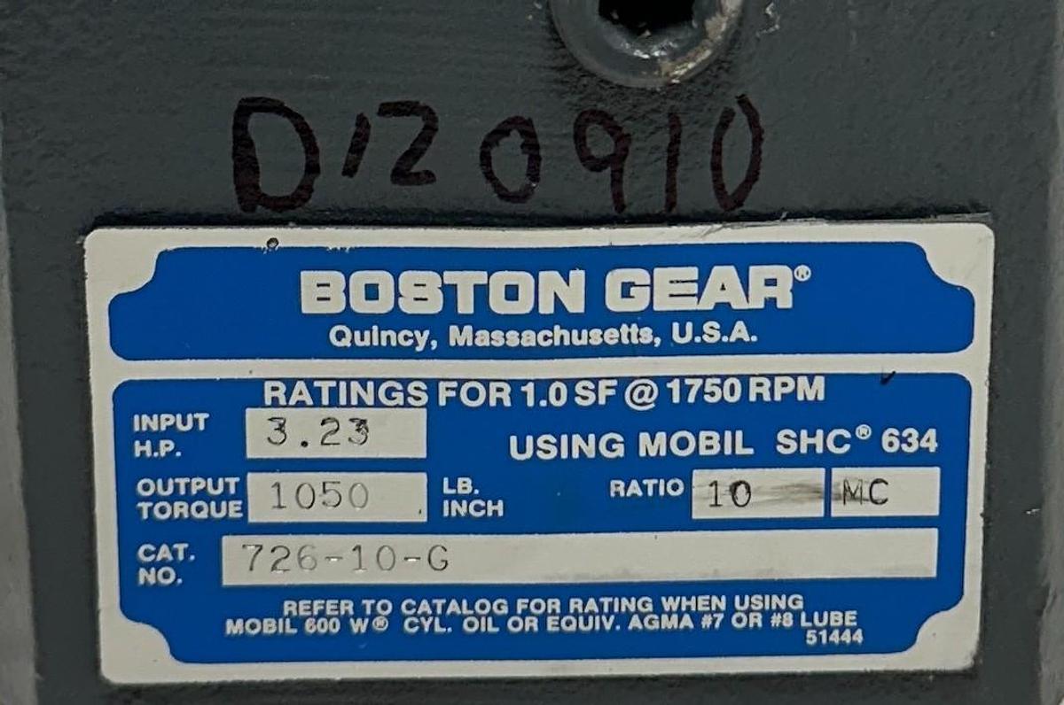 Used BOSTON GEAR 726-10-G / 51738 RIGHT ANGLE WORM GEAR SPEED REDUCER 10:1 RATIO NSNP