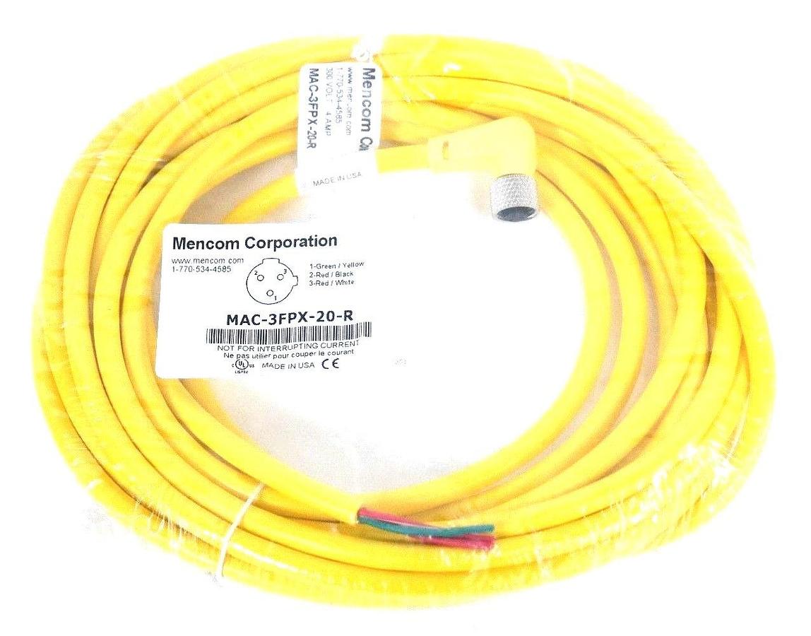 Used NEW MENCOM MAC-3FPX-20-R MICRO-AC SERIES CORDSET 300V, 4A, 3P, 20FT, MAC3FPX20R