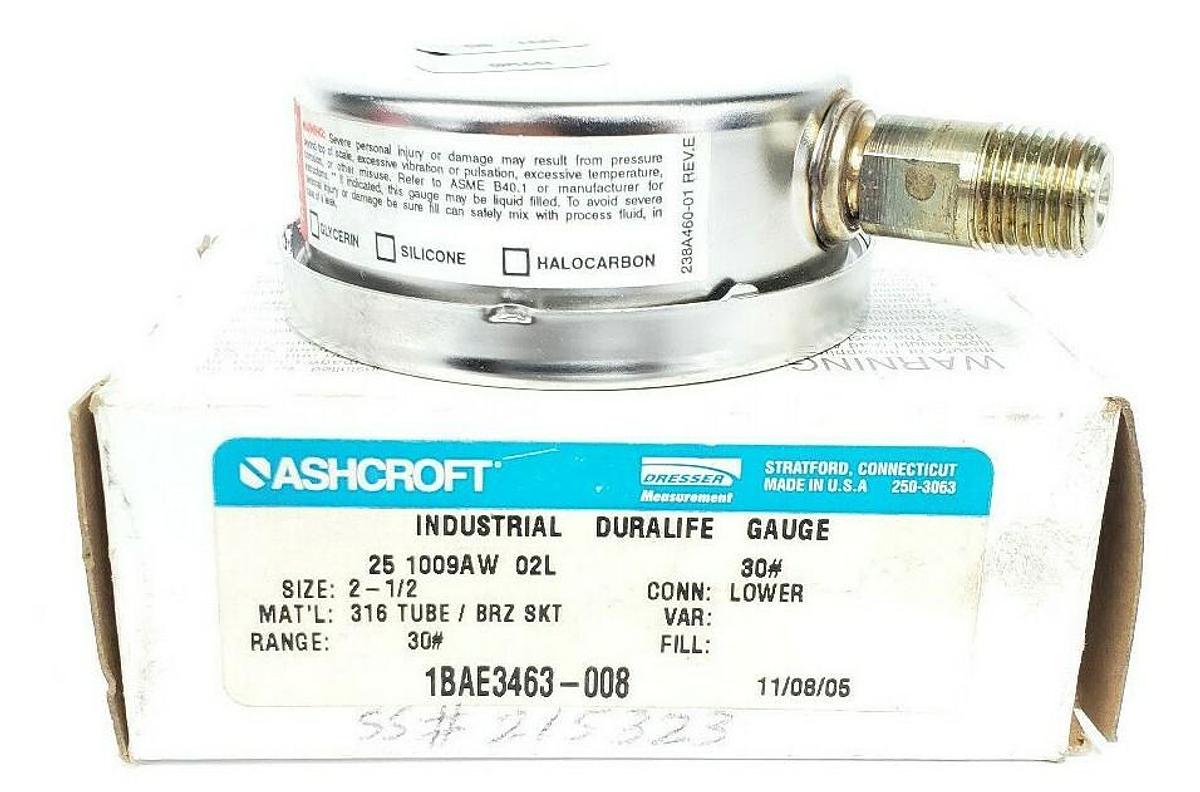 Used ASHCROFT 25-1009AW-02L PRESSURE GAUGE 2-1/2" 0-30PSI 30# 1BAE3463-008 238A460-01