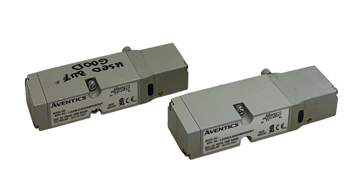 Used 2 AVENTICS 122BA400M000061 SOLENOID VALVES 2012 SERIES 150PSIG 24VDC COIL USNP