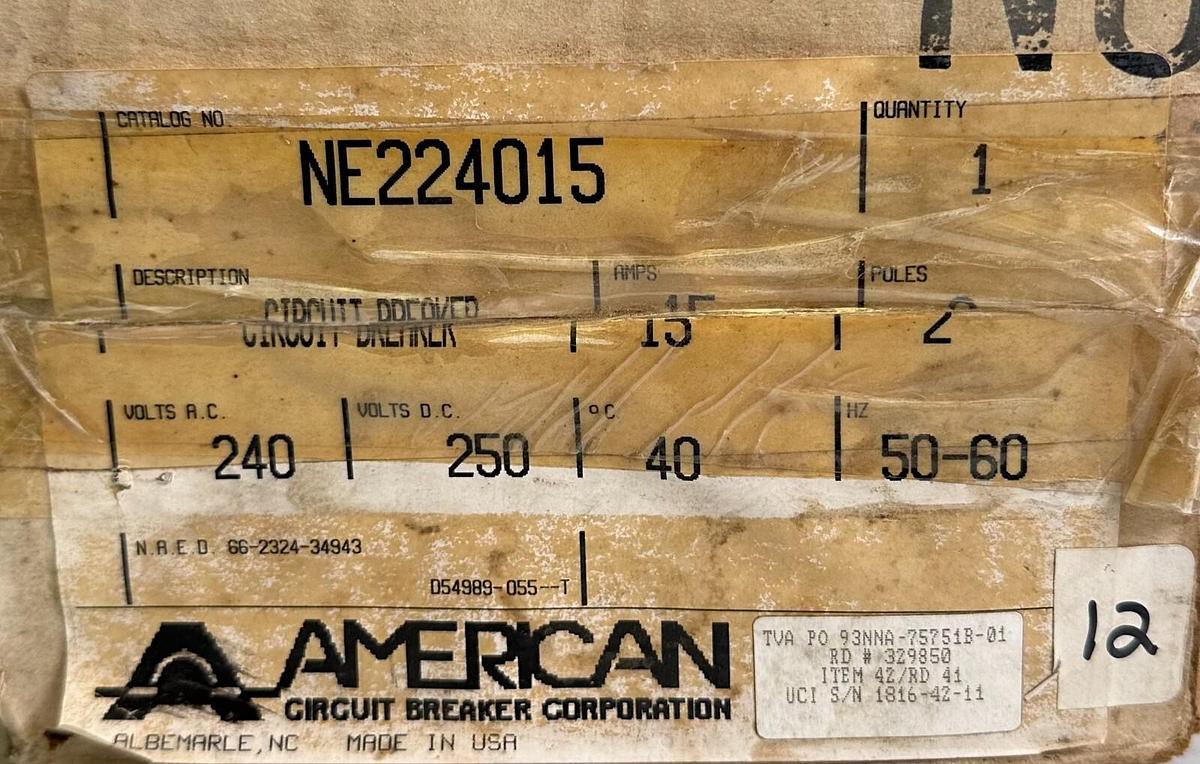 Used NEW AMERICAN CIRCUIT BREAKER CORP NE224015 CIRCUIT BREAKER 15A 2-POLE 50/60Hz