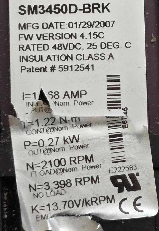 Used MOOG ANIMATICS SM3450D-BRK SmartMotor NEMA 34 SERVO MOTOR 0.27kW w/BRAKE USPI