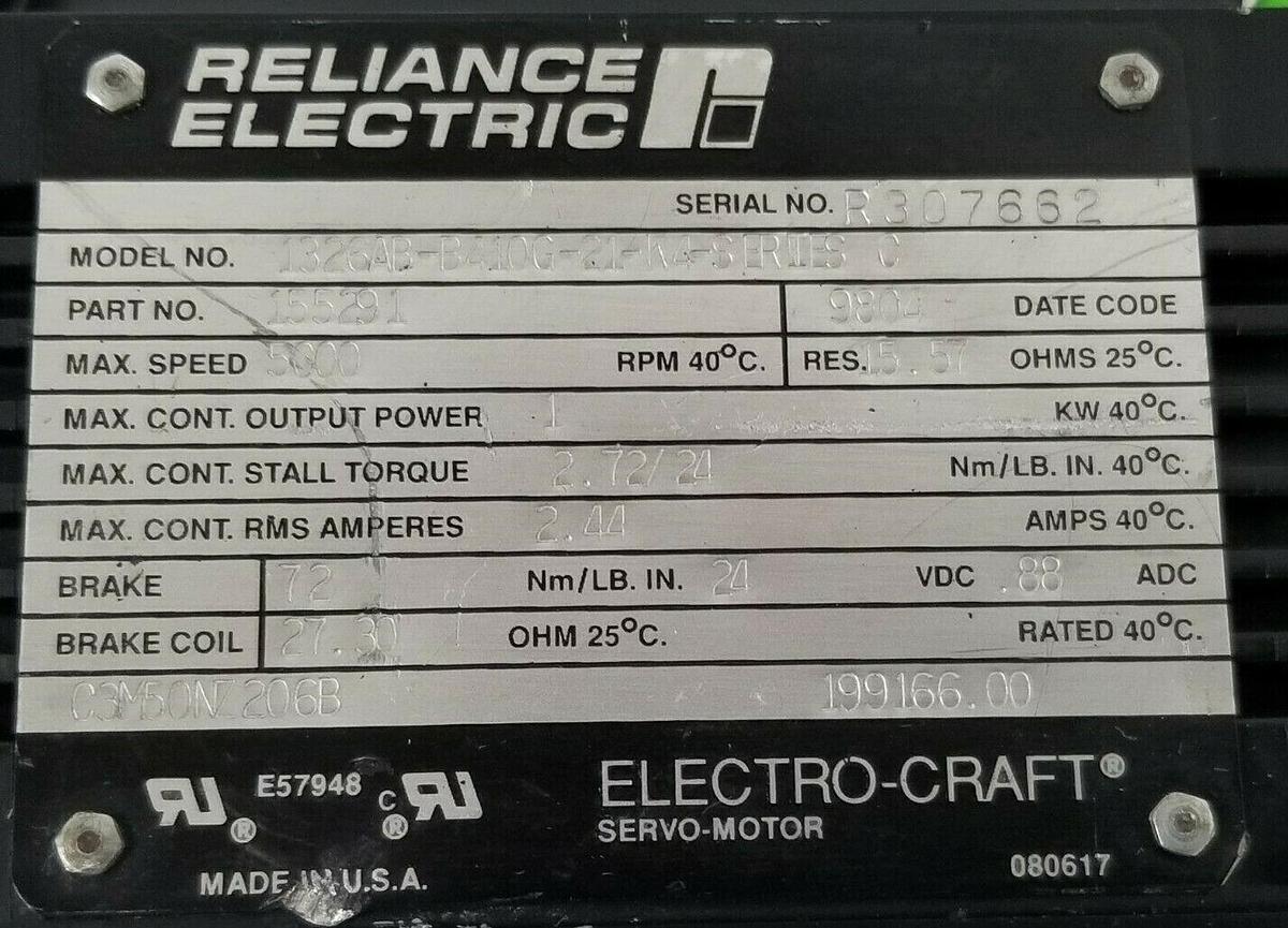 Used RELIANCE / ELECTRO-CRAFT 1326AB-B410G-21-K4 SERVO MOTOR SER. C 155291 (REPAIRED)