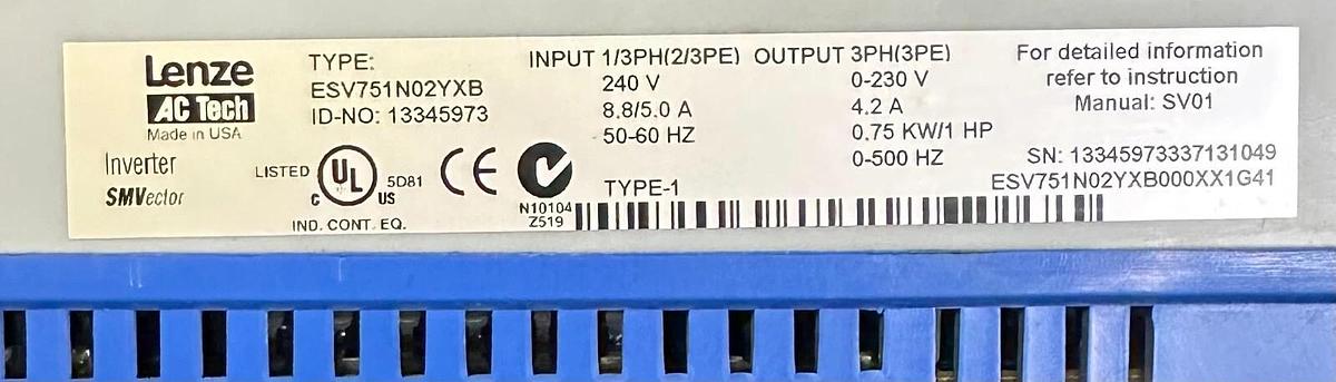 Used LENZE ESV751N02YXB000XX1G41 / 13345973 SMVector DRIVE 0.75kW/1HP ESV751N02YXB