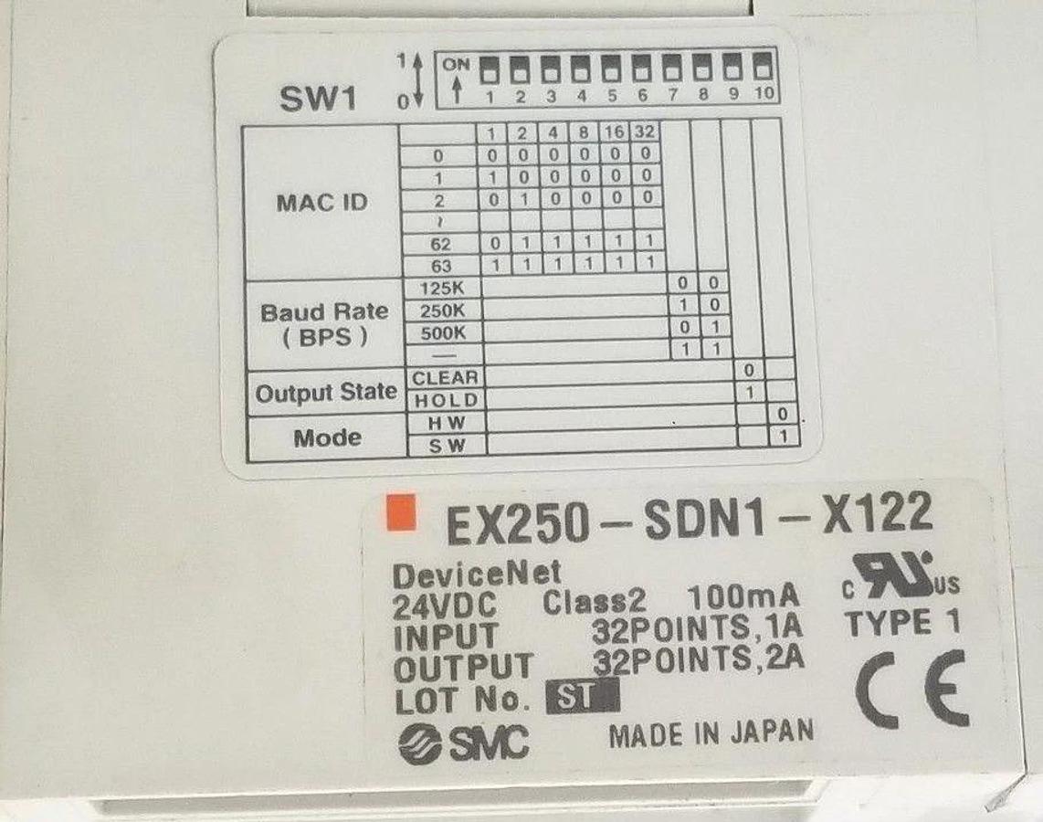 Used SMC SI DEVICENET EX250-SDN1-X122 MANIFOLD W/ (2) VQC2201N-51 & (3) VQC2201N-51