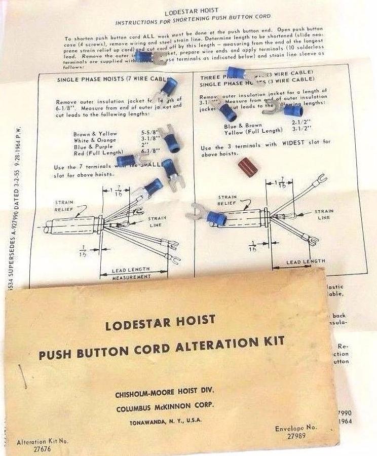 Used NEW LODESTAR HOIST 27676 PUSH BUTTON CORD ALTERATION KIT ENVELOPE NO. 27989