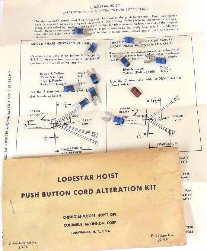 Used NEW LODESTAR HOIST 27676 PUSH BUTTON CORD ALTERATION KIT ENVELOPE NO. 27989