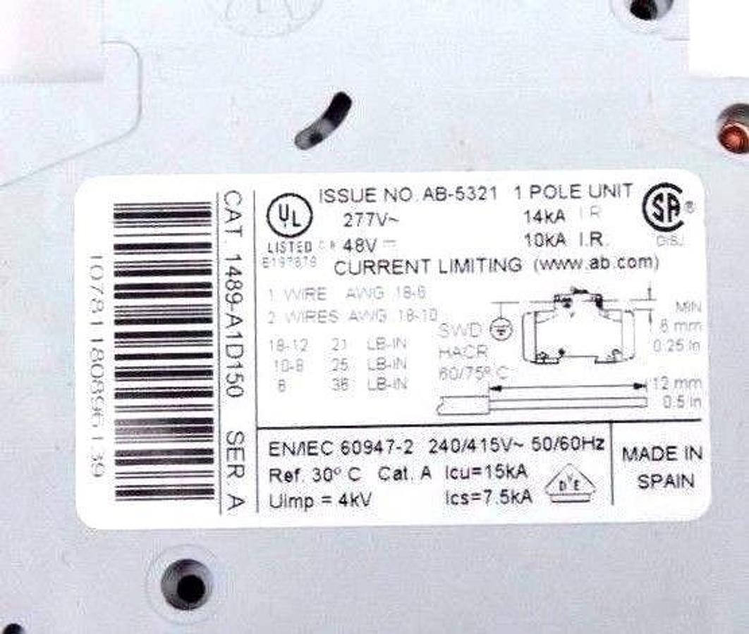 Used LOT OF 2 ALLEN BRADLEY CIRCUIT BREAKERS 1489-A15150 & 1489-A1C060 SER A, 277V