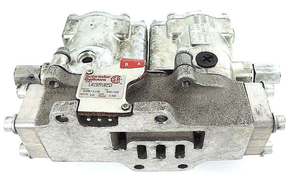 Used SCHRADER BELLOWS L4152910253 PNEUMATIC VALVE 110/220V, 50/60HZ, 12WATT, 140PSI
