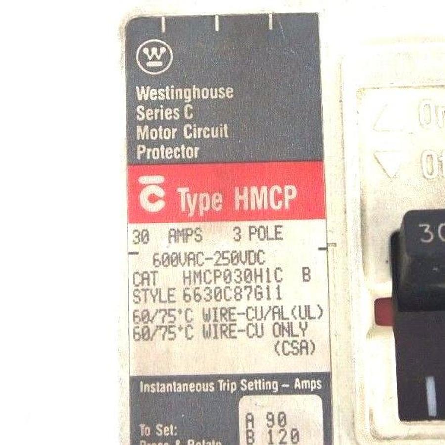 Used WESTINGHOUSE HMCP030H1CB SER. C CIRCUIT BREAKER STYLE: 6630C87G11, HMCP, 30 AMPS
