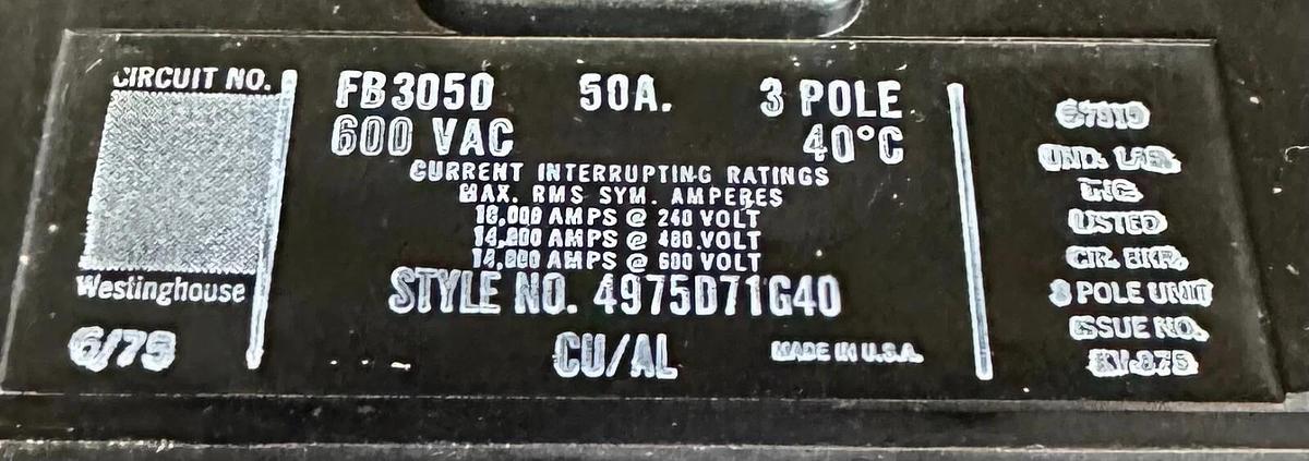 Used WESTINGHOUSE FB3050 / 4975D71G40 CIRCUIT BREAKER 600Vac 3-POLE 50A