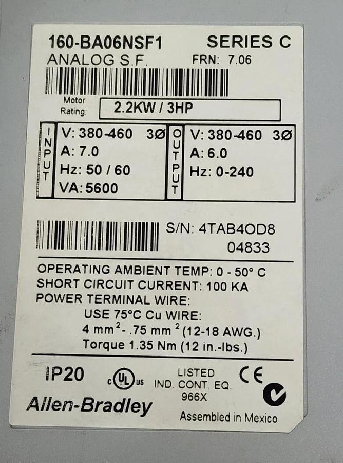 Used ALLEN BRADLEY 160-BA06NSF1 SER. C VARIABLE SPEED DRIVE FRN: 7.06