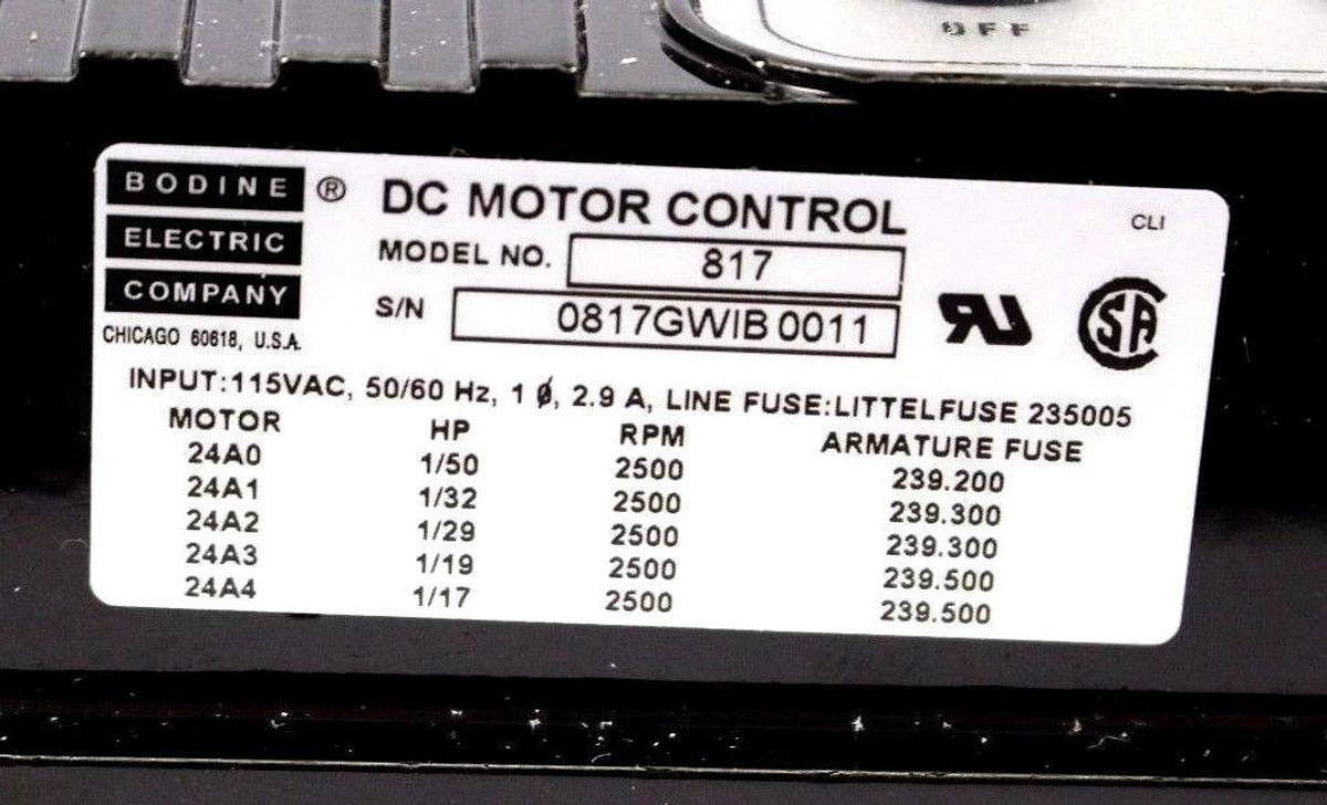Used BODINE ELECTRIC 817 FPM DC MOTOR SPEED CONTROL 115VAC 0817 GW / FPM-0817E NSMP